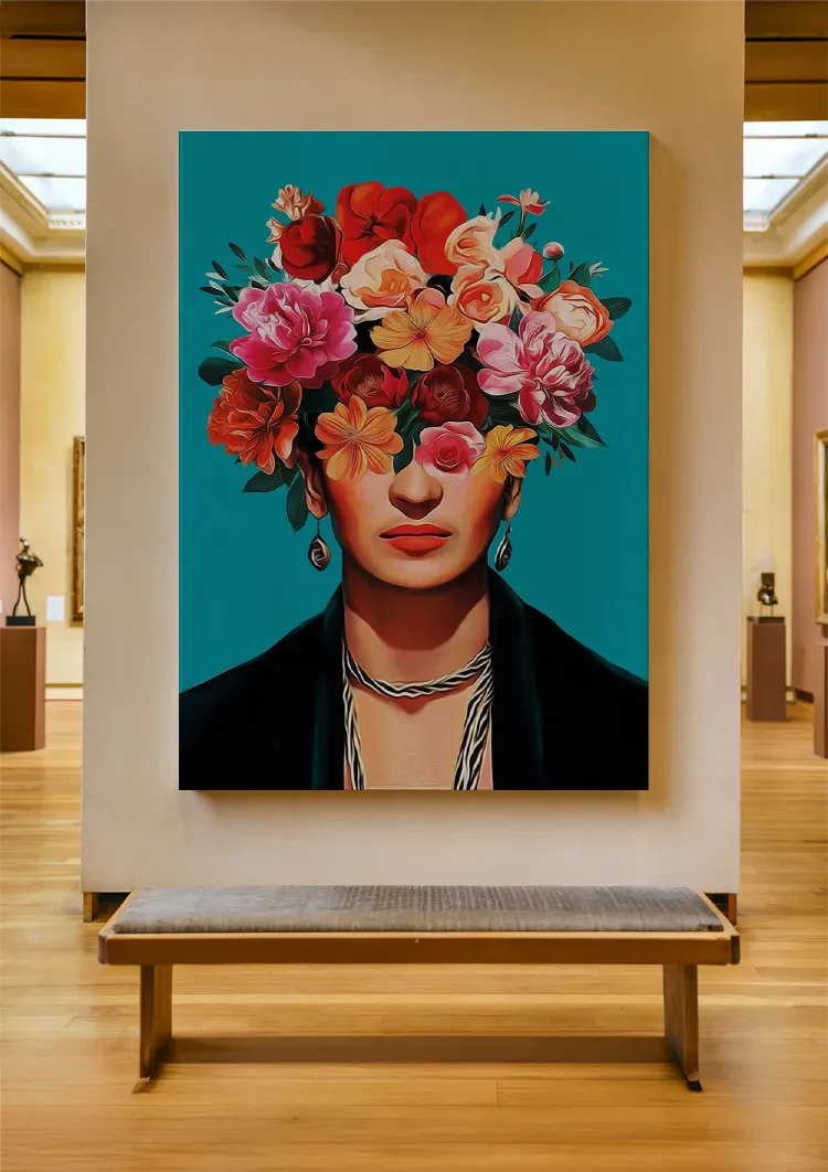 Woman with Colorful Flower Crown on Turquoise Background Painting