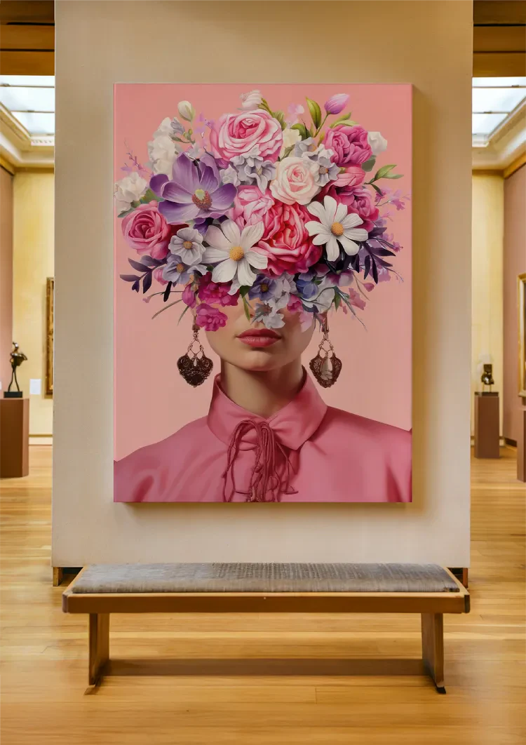 Woman with Pink Flower Bouquet on Pink Background Painting
