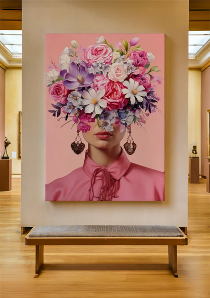 Woman with Pink Flower Bouquet on Pink Background Painting