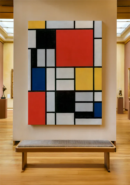 Leinwandbild im Mondrian Stil an der Wand über dem Sofa im Flur