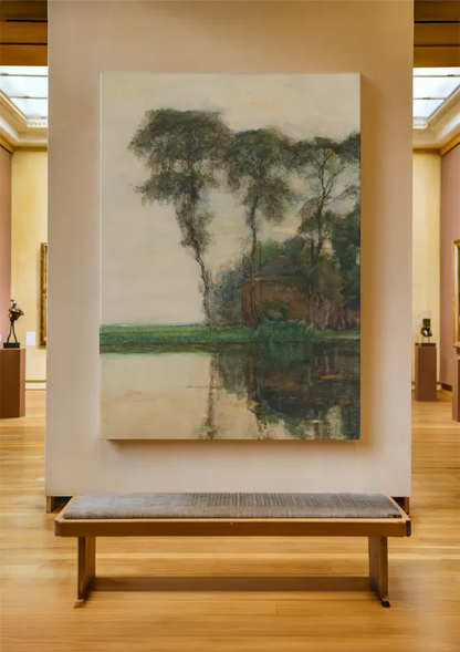 Serene Bomenlandschap met Weerspiegeling in Rustig Water Schilderij