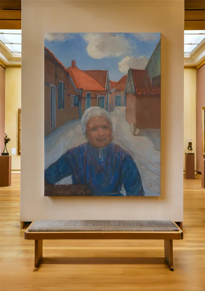 Elderly Woman in Village Street Red Roofs Blue Sky Painting