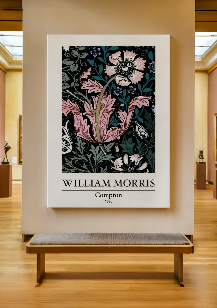 William Morris Compton Pink Flowers Dark Background Painting