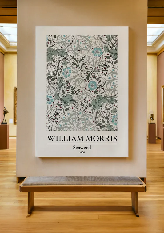 William Morris Zeewier Blauw Bloemen Rode Bessen Wit Canvas Schilderij