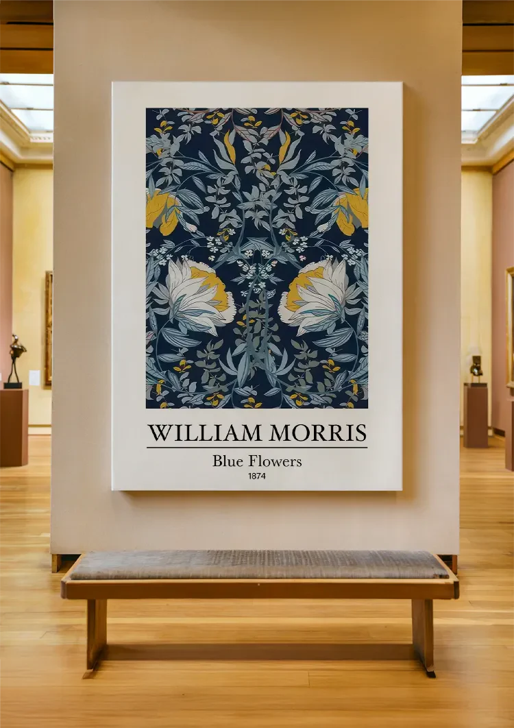 William Morris Blaue Blumen Weiße Gelbe Blumen Dunkelblaues Gemälde