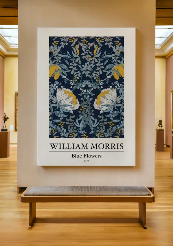 William Morris Blaue Blumen Weiße Gelbe Blumen Dunkelblaues Gemälde