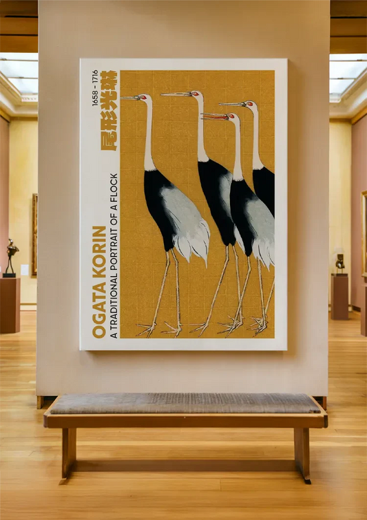 Kraanvogels canvas schilderij aan de muur boven het bed in de slaapkamer