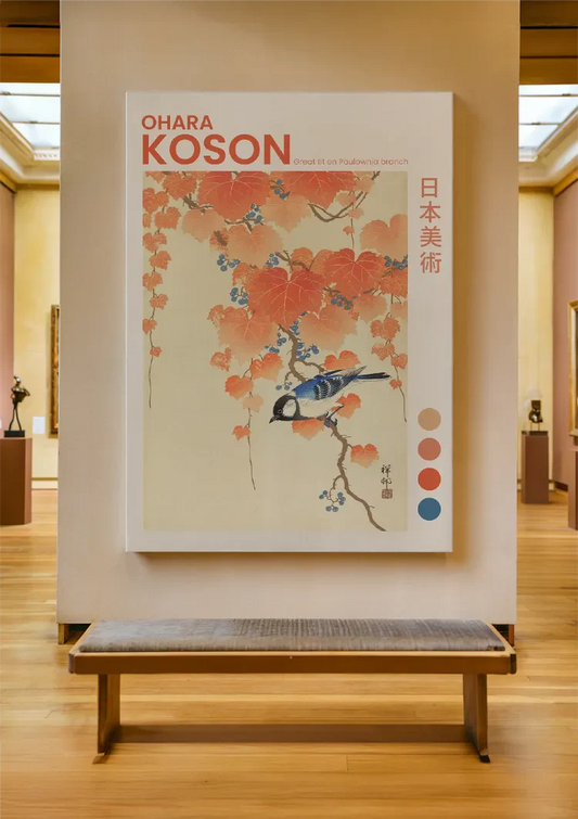 Japanse koolmees op een paulowniatak canvas schilderij met oranje herfstbladeren