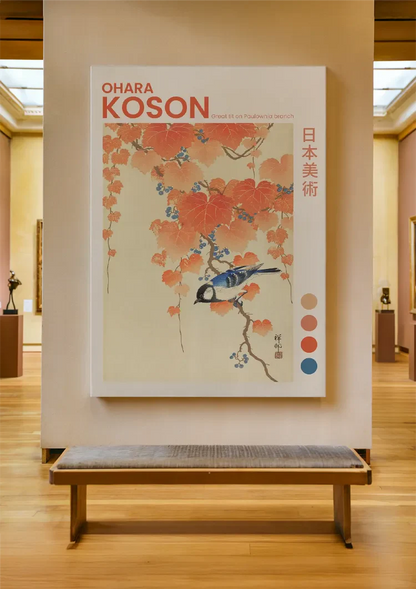 Japanese Tit on Paulownia Branch Orange Autumn Leaves Painting