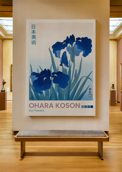 Japanese Iris Flowers Blue Green Leaves Botanical Painting