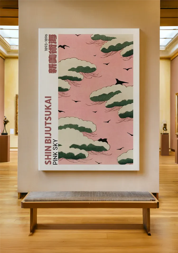 Roze Lucht Groene Wolken Zwarte Vogels Japanse Stijl Schilderij