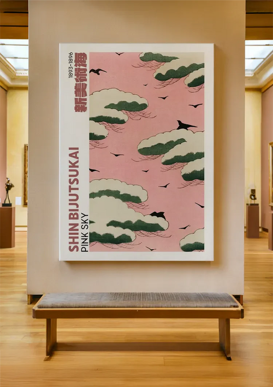 Roze lucht met vogels canvas schilderij aan de muur in de hal