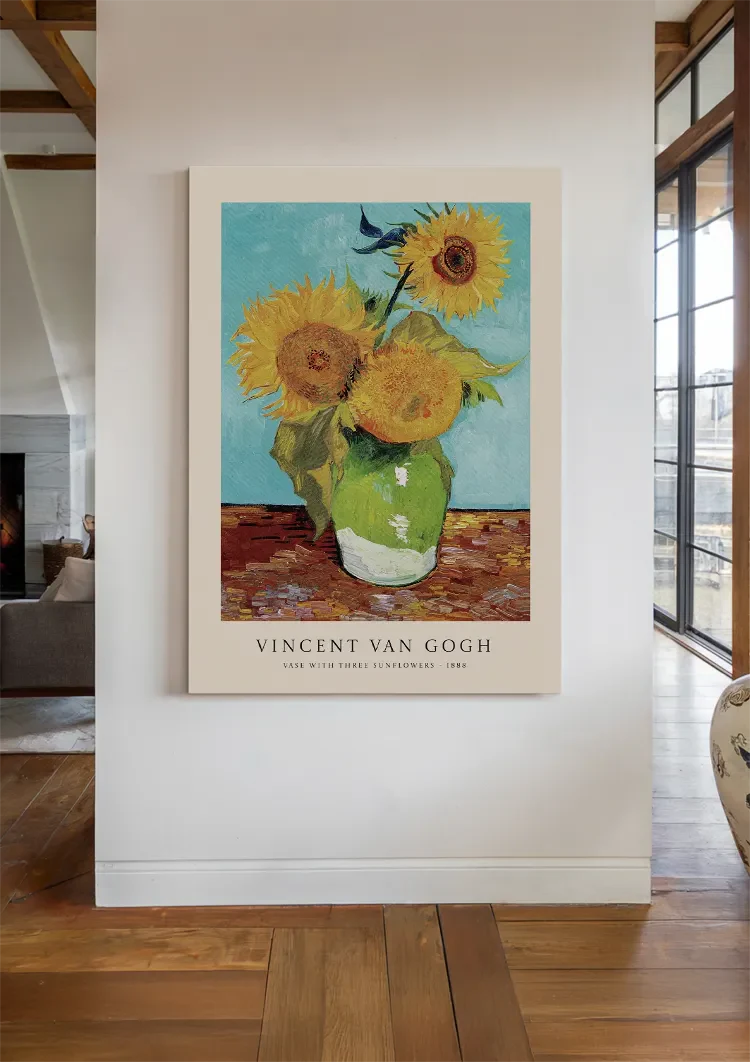 Van Gogh Zonnebloemen Groene Vaas Blauwe Achtergrond Schilderij
