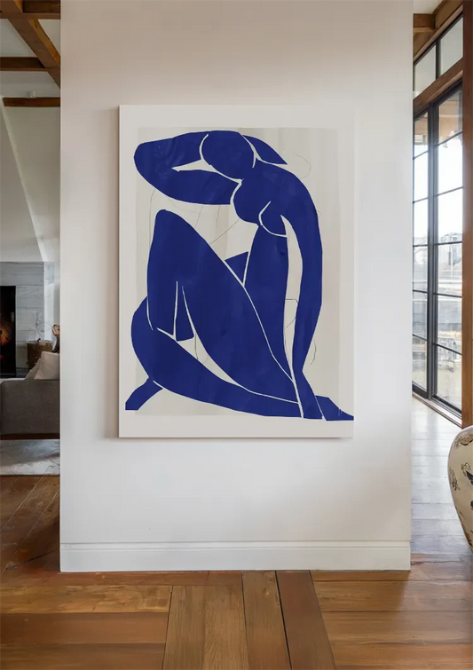 Blauw vrouwelijk silhouet canvas schilderij aan de muur in de hal