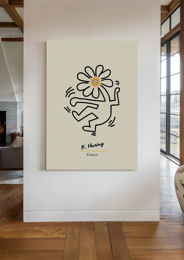 Figur mit Blumenkopf Schwarze Strichzeichnung Minimalistisches Gemälde