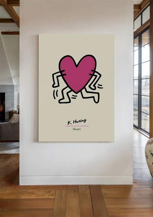 Keith Haring Roze Hart met Dansende Poten Pop Art Canvas Schilderij