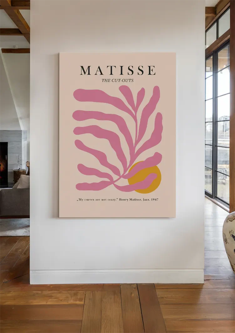 Matisse Rosa Blättermotiv Gelber Kreis Abstrakt Organisches Kunstgemälde