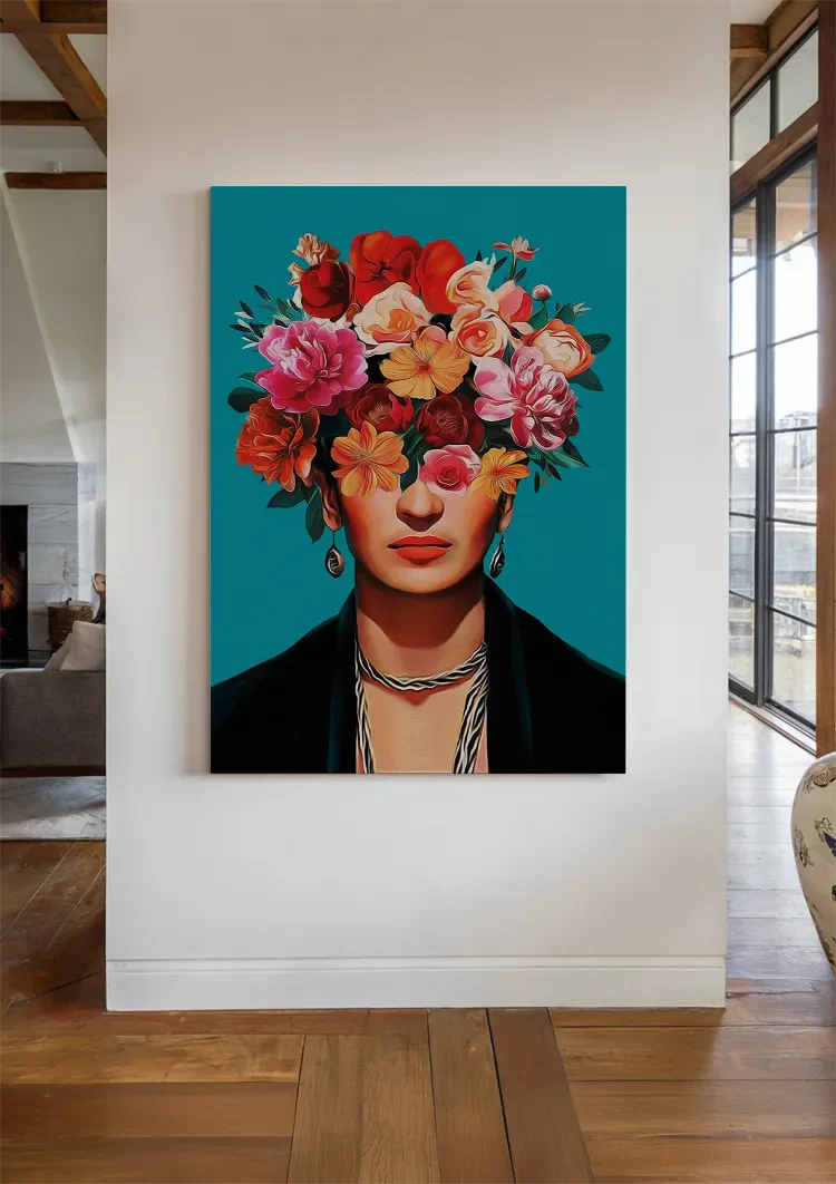 Woman with Colorful Flower Crown on Turquoise Background Painting