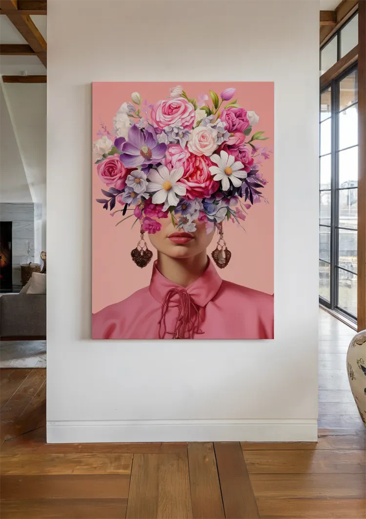 Woman with Pink Flower Bouquet on Pink Background Painting
