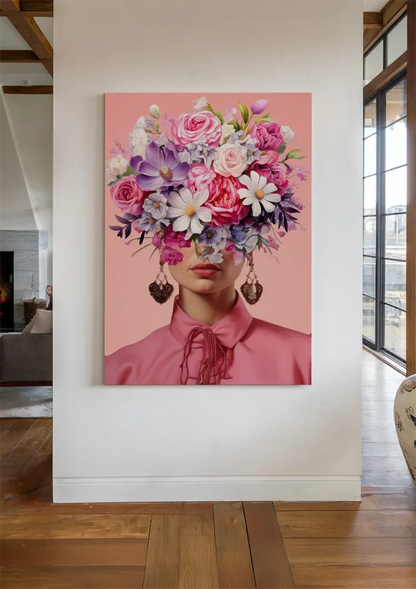 Woman with Pink Flower Bouquet on Pink Background Painting
