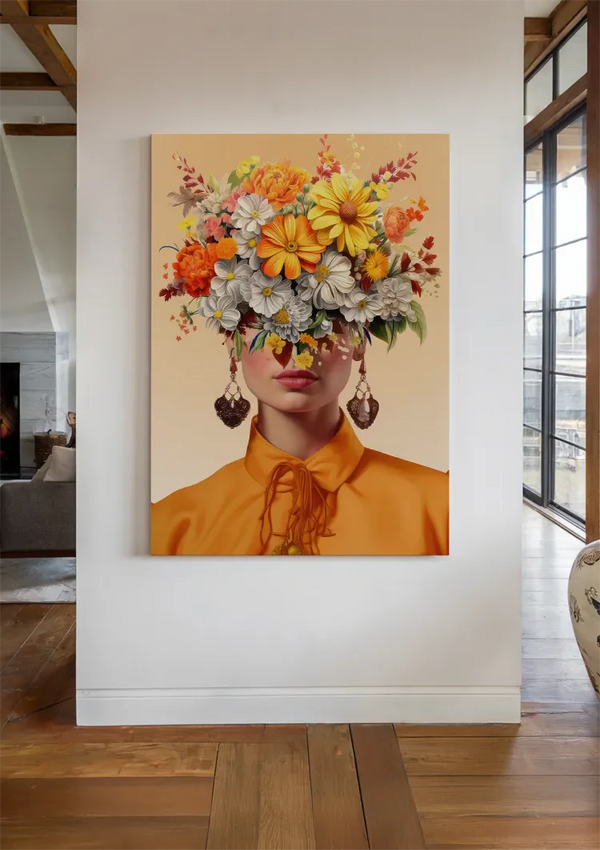 Vrouw Oranje Blouse Kleurrijke Bloemen Hoofd Portret Florale Schilderij