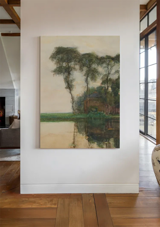 Bomenlandschap met water canvas schilderij hangt aan de muur in de hal