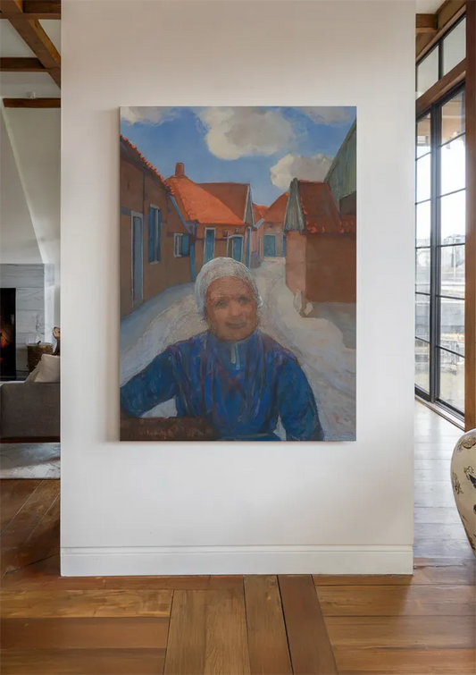 Vrouw in een blauwe jurk canvas schilderij hangt aan de muur in de hal
