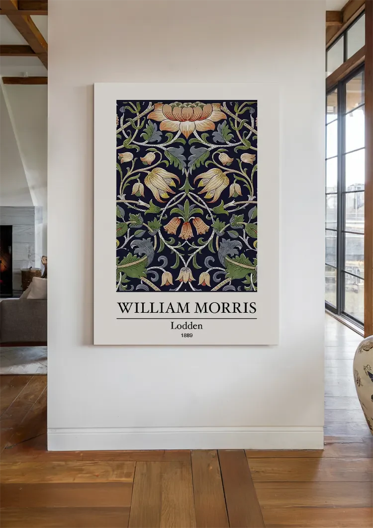 William Morris Lodden Bloemen Donkerblauw Oranje Groen Klassiek Patroon Kunst Schilderij