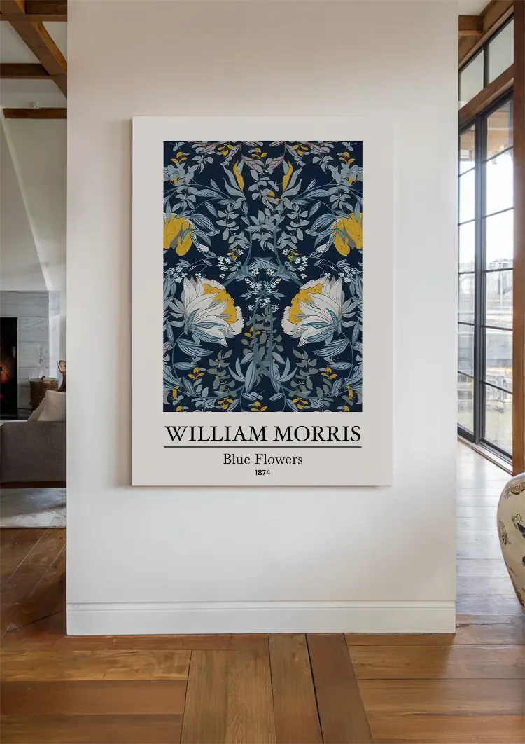 William Morris Blaue Blumen Weiße Gelbe Blumen Dunkelblaues Gemälde