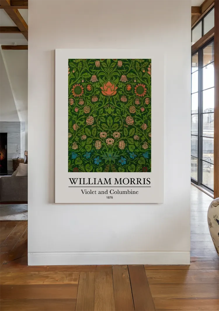 William Morris Veilchen und Akelei Dunkelgrüne Rote Blaue Blumen Gemälde