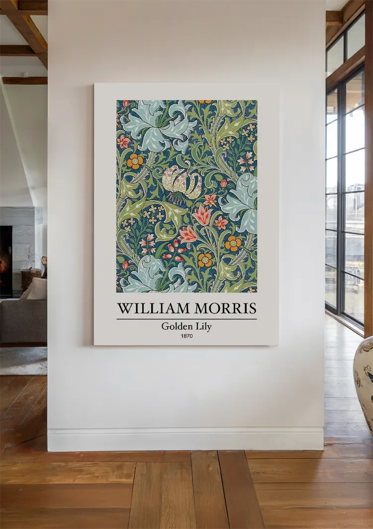 William Morris Golden Lily Blue-Green Colorful Botanical Painting
