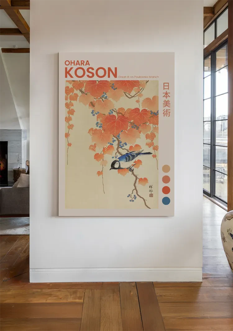 Japanese Tit on Paulownia Branch Orange Autumn Leaves Painting