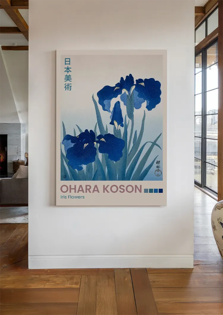 Japanese Iris Flowers Blue Green Leaves Botanical Painting