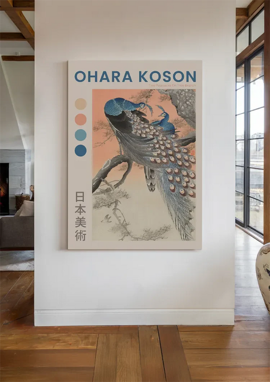Twee pauwen op een boomtak canvas schilderij aan de muur in de hal