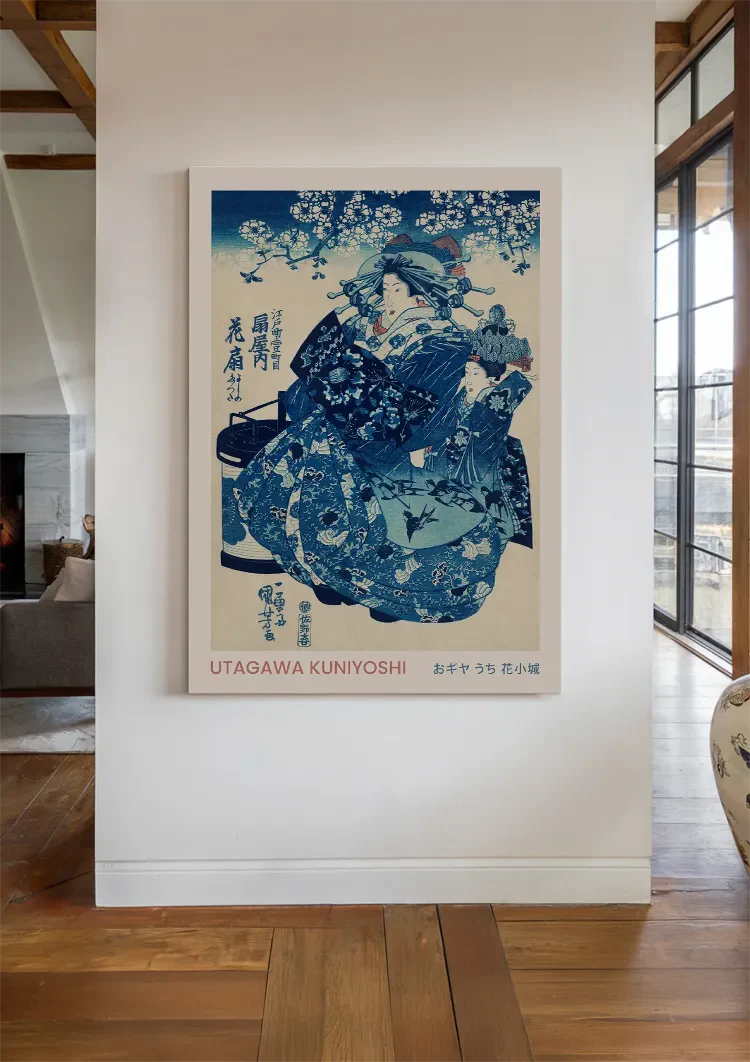 Kuniyoshi Woman Fan Blue Kimono Japanese Woodblock Painting