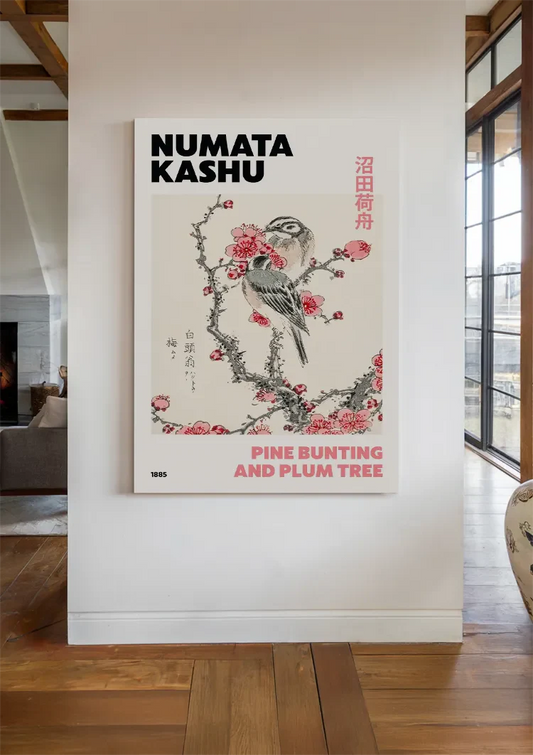 Vogel op pruimenbloesem canvas schilderij aan de muur in de hal