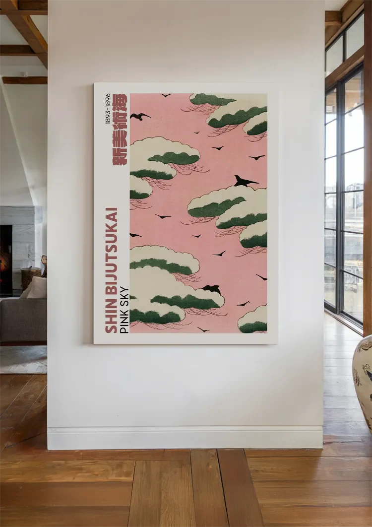 Roze Lucht Groene Wolken Zwarte Vogels Japanse Stijl Schilderij