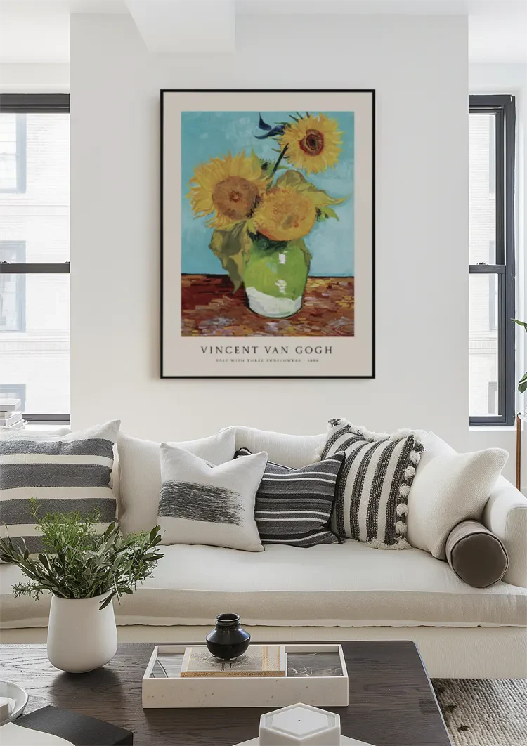 Van Gogh Zonnebloemen Groene Vaas Blauwe Achtergrond Schilderij