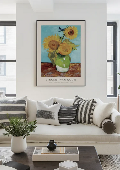 Van Gogh Zonnebloemen Groene Vaas Blauwe Achtergrond Schilderij