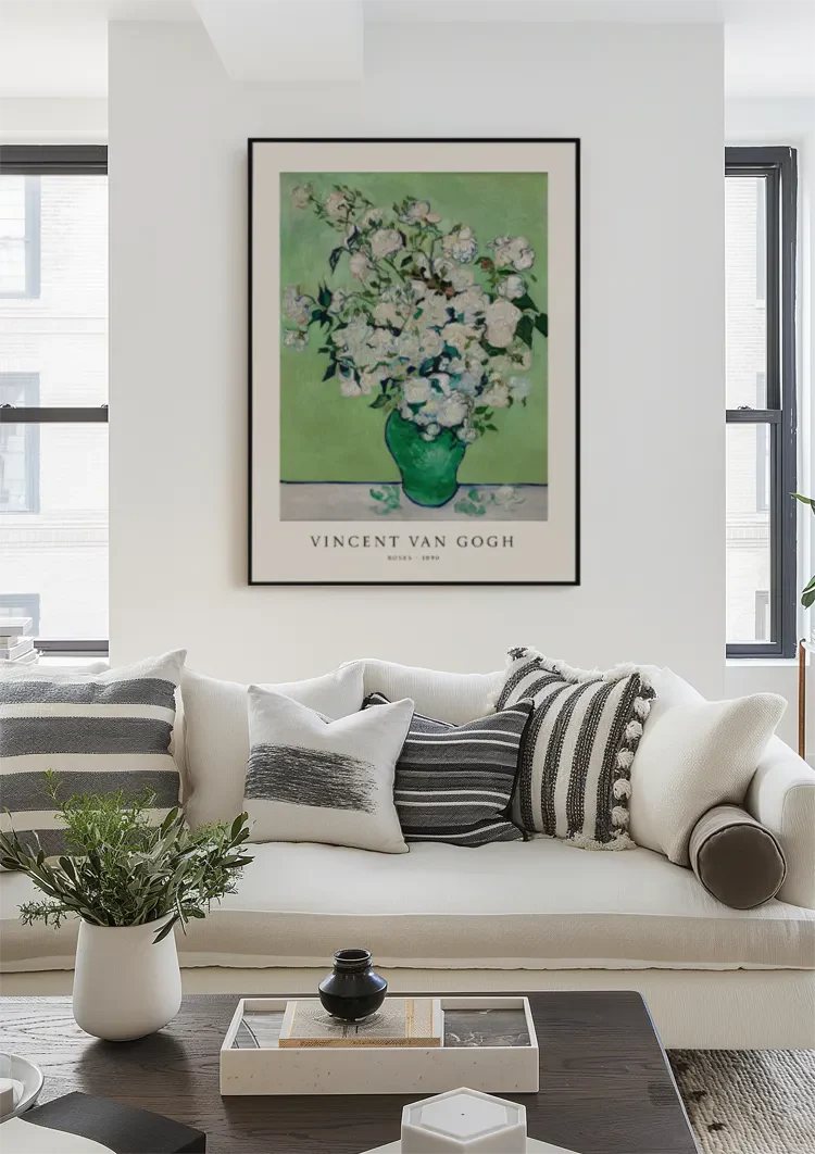 Van Gogh White Roses Green Vase Green Background Painting