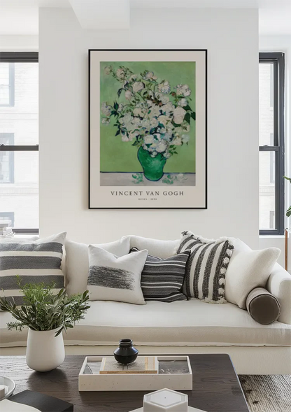 Van Gogh White Roses Green Vase Green Background Painting