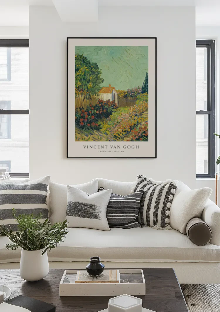 Van Gogh Landschaft Weißes Bauernhaus Farbenfroher Garten Impressionismus Gemälde