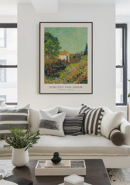 Van Gogh Landschaft Weißes Bauernhaus Farbenfroher Garten Impressionismus Gemälde