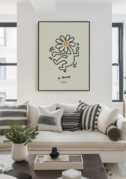Figur mit Blumenkopf Schwarze Strichzeichnung Minimalistisches Gemälde