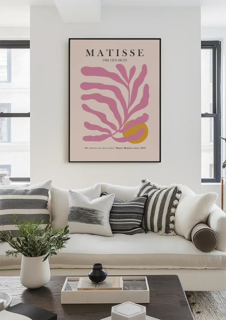 Matisse Rosa Blättermotiv Gelber Kreis Abstrakt Organisches Kunstgemälde