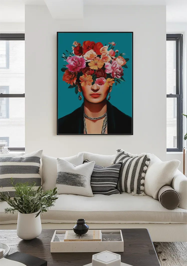 Woman with Colorful Flower Crown on Turquoise Background Painting