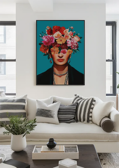 Woman with Colorful Flower Crown on Turquoise Background Painting