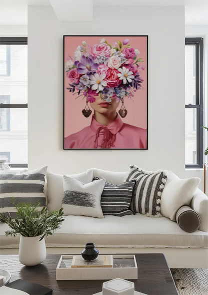 Woman with Pink Flower Bouquet on Pink Background Painting