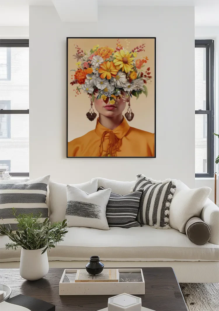 Vrouw Oranje Blouse Kleurrijke Bloemen Hoofd Portret Florale Schilderij