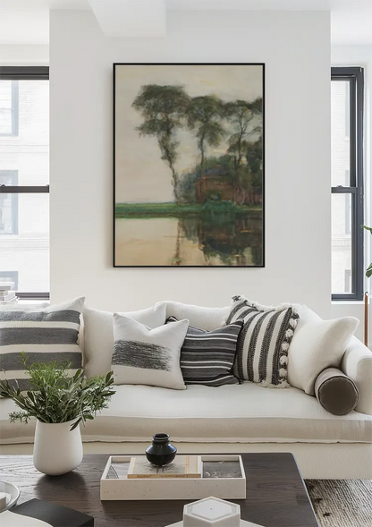 Serene Bomenlandschap met Weerspiegeling in Rustig Water Schilderij